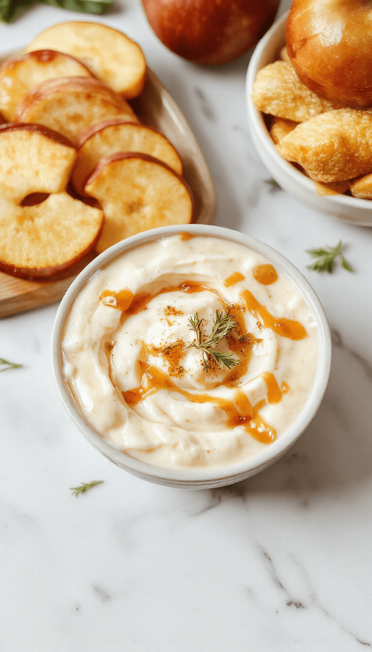 A vibrant plate featuring a creamy cheesecake dip topped with glossy caramel drizzle and crisp apple slices arranged elegantly around the edge, with a spoon dipping into the luscious mixture, all set against a rustic wooden table with a cozy autumn ambiance.
