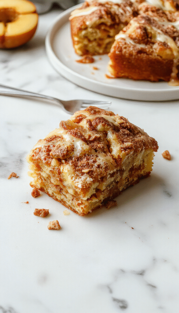 A vibrant slice of cinnamon apple cake on a rustic wooden plate, topped with a dusting of powdered sugar and fresh apple slices, surrounded by cinnamon sticks and caramel drizzles, capturing warm autumn tones, glossy glaze, and textured cake layers.