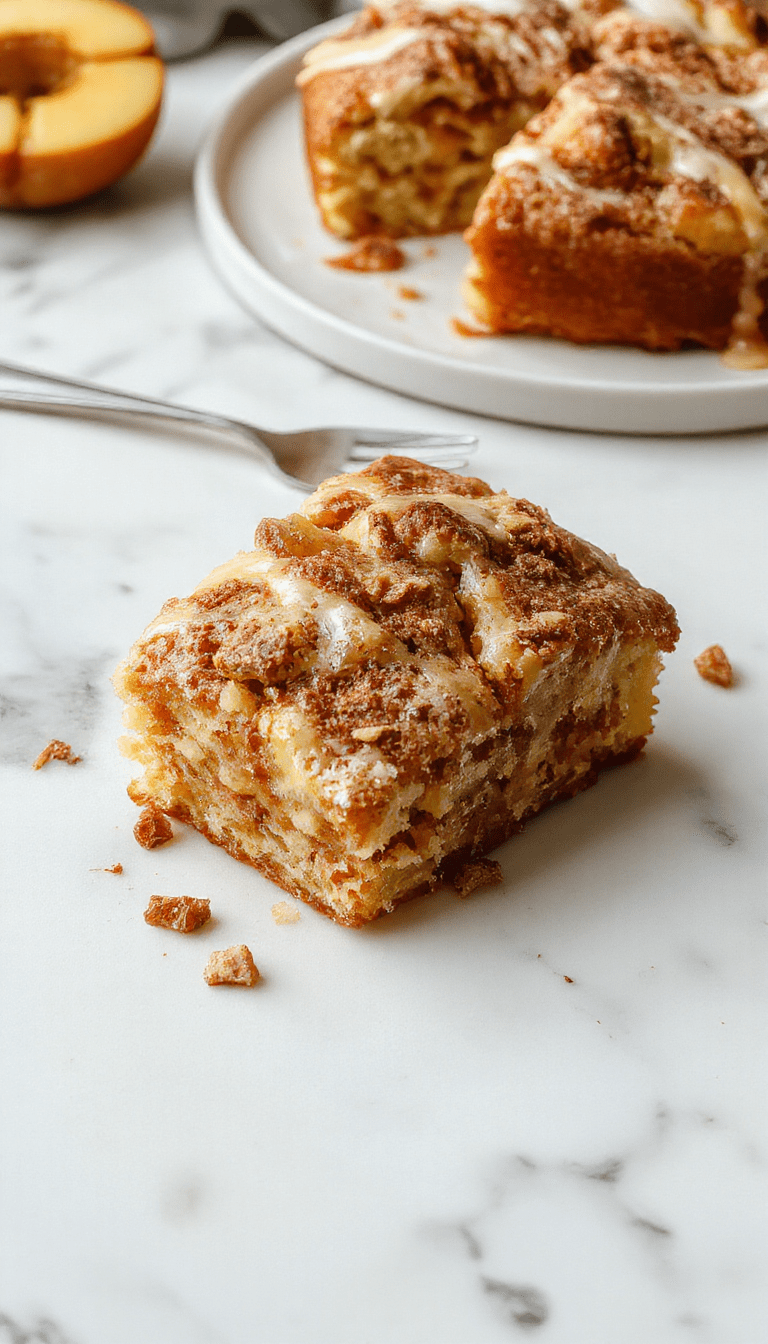 A vibrant slice of cinnamon apple cake on a rustic wooden plate, topped with a dusting of powdered sugar and fresh apple slices, surrounded by cinnamon sticks and caramel drizzles, capturing warm autumn tones, glossy glaze, and textured cake layers.