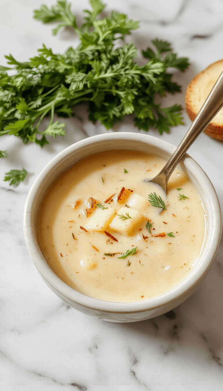 A vibrant bowl of dairy-free potato leek soup, showcasing creamy pale green broth with tender potato chunks and finely chopped leeks, garnished with fresh herbs, served in a rustic white bowl on a wooden table, highlighting textures and fresh ingredients.