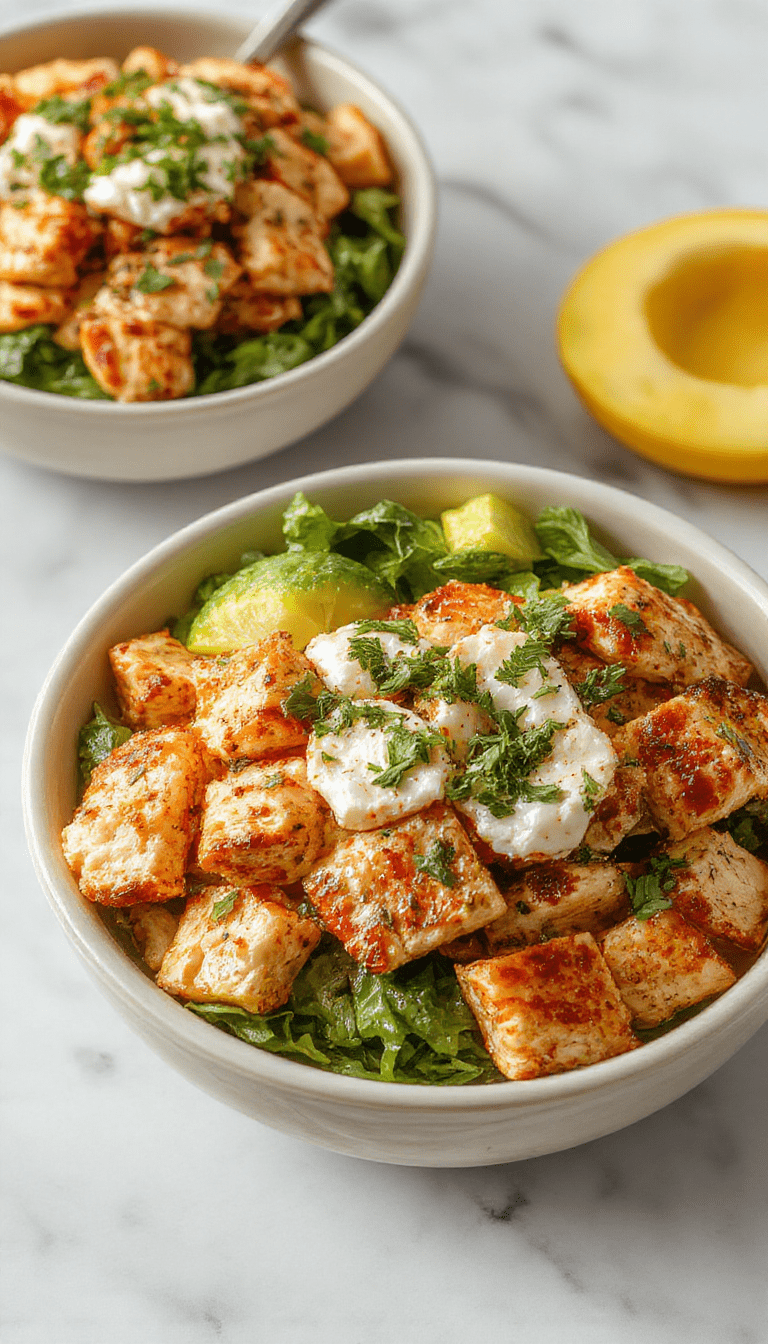 Colorful Greek chicken bowls plated on a rustic white dish, featuring tender grilled chicken, vibrant cherry tomatoes, cucumber slices, Kalamata olives, and crumbled feta cheese. The bowl is garnished with fresh herbs and drizzled with a creamy tzatziki sauce, showcasing a harmonious blend of textures and vibrant colors in an inviting Mediterranean style.