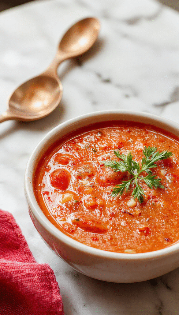 A vibrant bowl of homemade tomato soup garnished with fresh basil leaves on a rustic wooden table. The soup has a smooth, velvety texture and a rich red color. Next to the bowl are crusty bread slices, a drizzle of olive oil, and whole tomatoes, creating an inviting, warm ambiance with natural lighting.