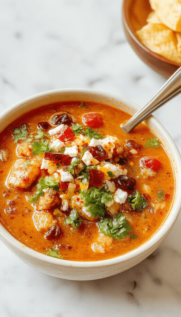 A vibrant bowl of taco soup featuring chunks of seasoned ground beef and beans topped with shredded cheese, fresh cilantro, and sliced jalapenos, served on a rustic wooden table with colorful tortilla chips on the side, all garnished with a dollop of sour cream.