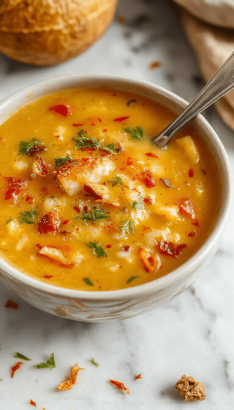 A steaming bowl of hearty wild rice soup featuring vibrant orange carrots, tender vegetables, and savory herbs topped with fresh parsley, served in rustic ceramicware on a wooden table with autumn leaves nearby.