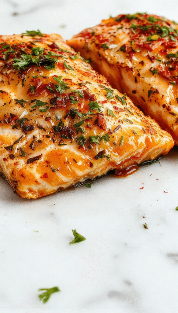 A beautifully plated salmon fillet cooked in an air fryer, with golden crispy edges, vibrant green herbs garnish, and lemon wedges on a rustic wooden table