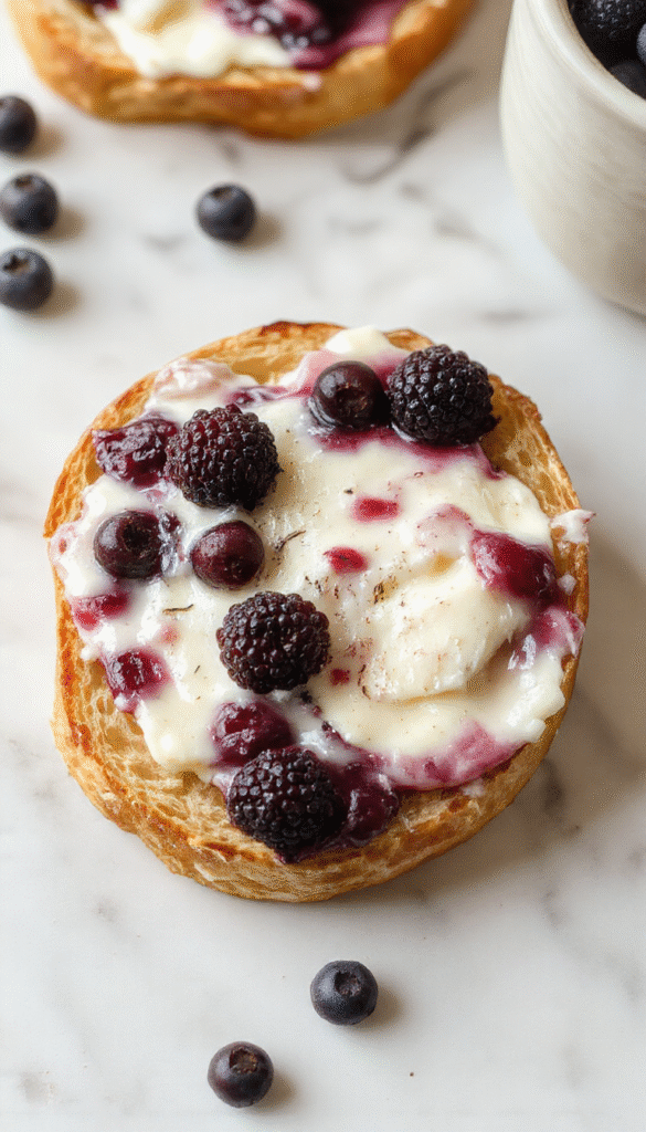 A sliced golden-brown bread with swirls of cream cheese and vibrant blueberries on top, placed on a rustic wooden board, garnished with fresh blueberries and mint leaves, with a soft-focus background highlighting its moist texture and inviting presentation.
