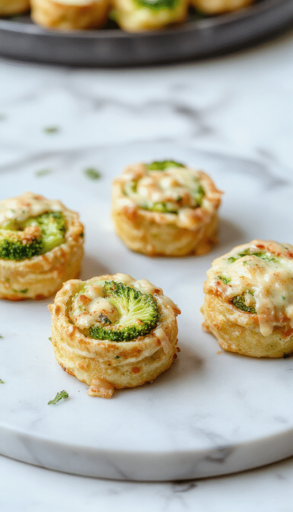 Colorful plate showcasing golden-brown broccoli cheese pinwheels with crispy edges, sliced to reveal vibrant green broccoli and melted cheesy filling, styled on a rustic wooden surface with fresh broccoli and cheese crumbles scattered around.