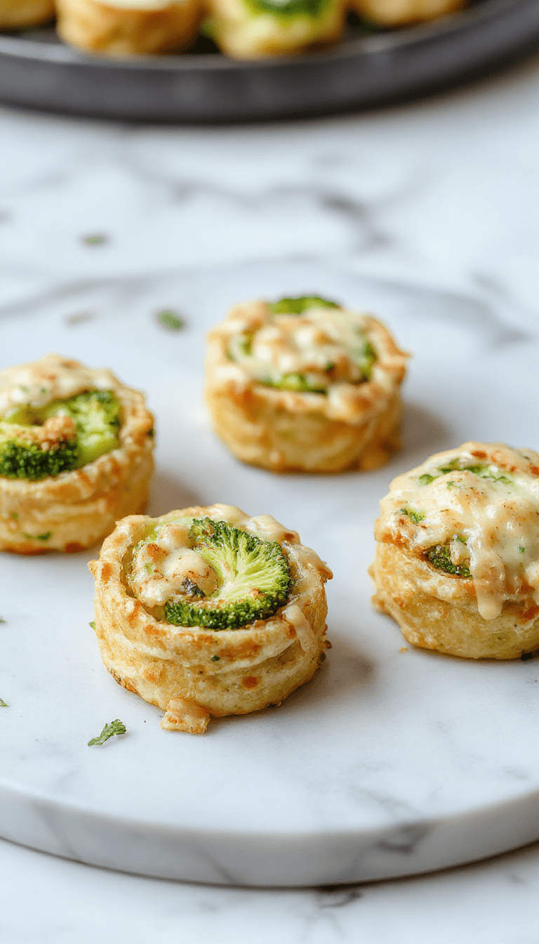 Colorful plate showcasing golden-brown broccoli cheese pinwheels with crispy edges, sliced to reveal vibrant green broccoli and melted cheesy filling, styled on a rustic wooden surface with fresh broccoli and cheese crumbles scattered around.