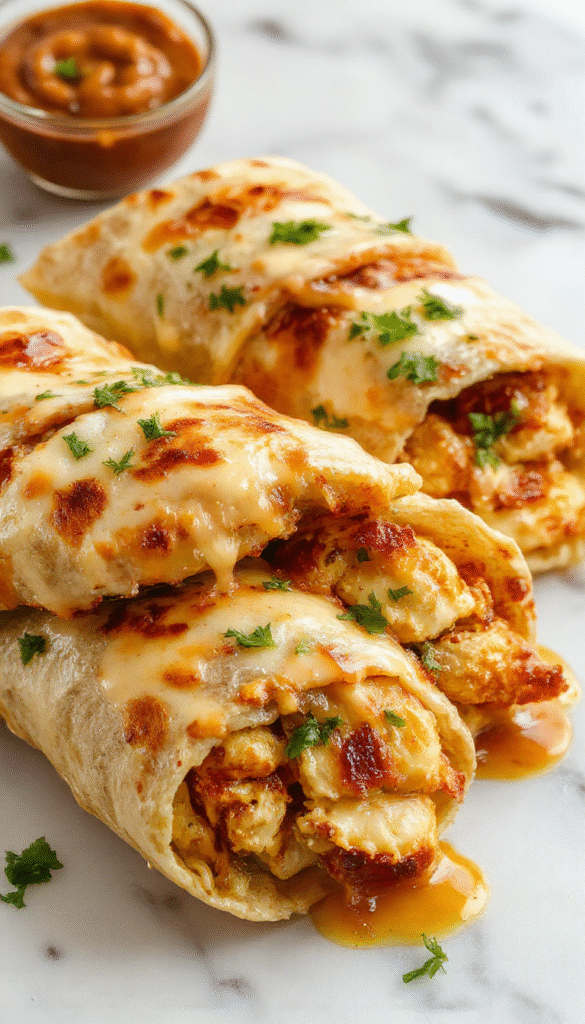 A close-up of golden-brown chicken wraps filled with melted cheese and fresh garlic, garnished with herbs, on a rustic wooden plate styled with a napkin and fresh herbs, emphasizing textures of crispy chicken, gooey cheese, and crunchy wraps.