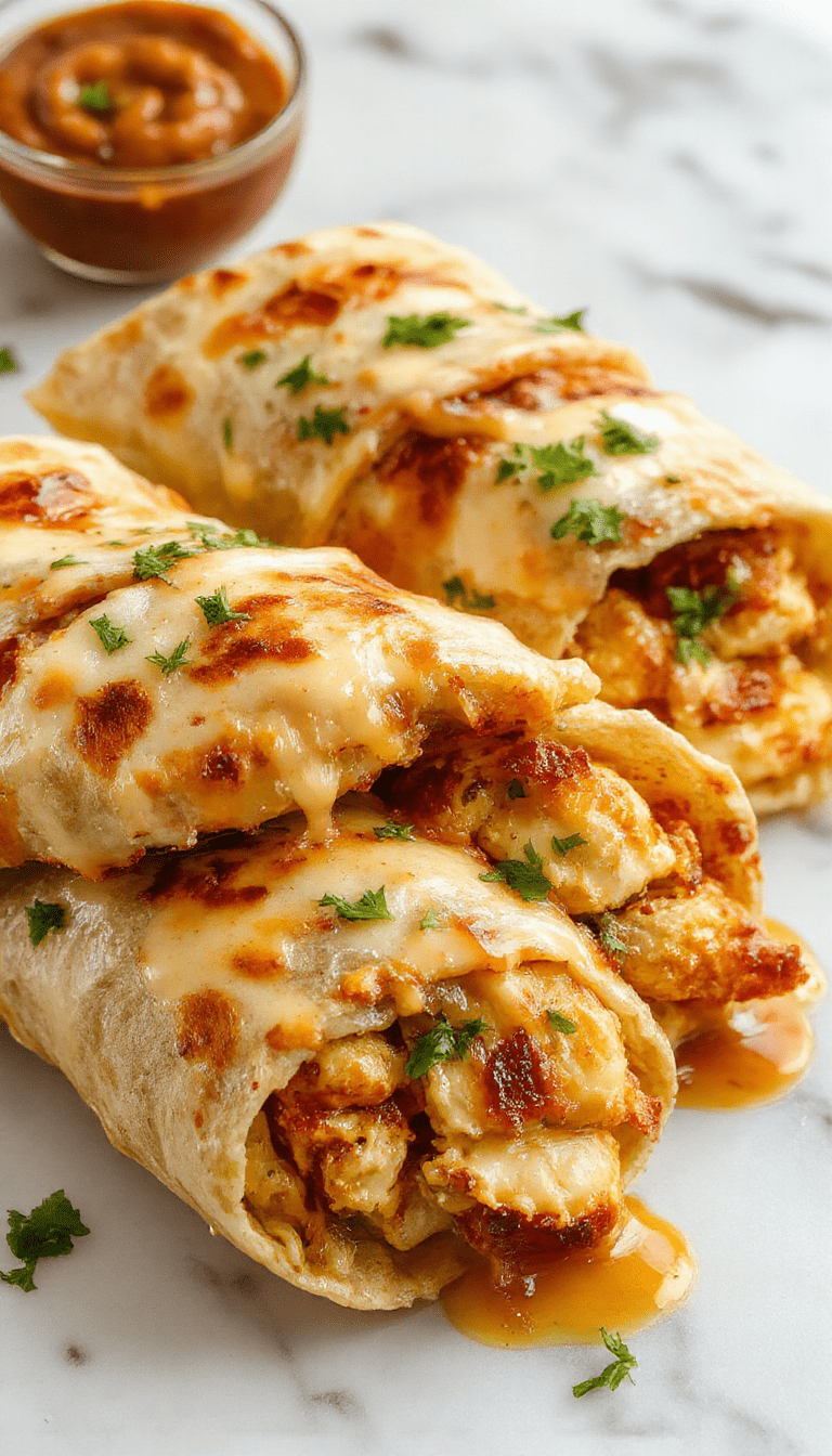 A close-up of golden-brown chicken wraps filled with melted cheese and fresh garlic, garnished with herbs, on a rustic wooden plate styled with a napkin and fresh herbs, emphasizing textures of crispy chicken, gooey cheese, and crunchy wraps.