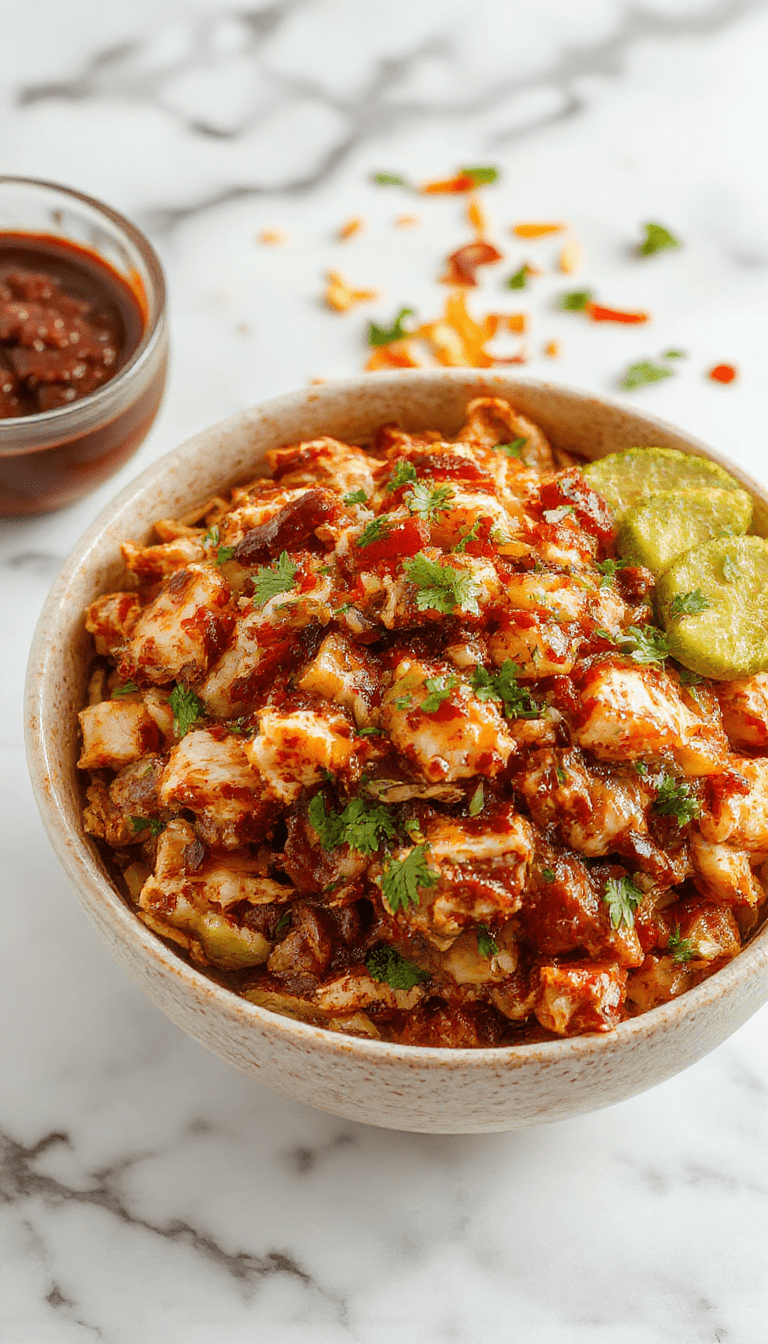 A vibrant chicken fajita burrito bowl featuring sliced grilled chicken, colorful bell peppers, sautéed onions, fresh cilantro, and melted cheese all arranged in a stylish ceramic bowl with a side of lime wedges and tortilla chips, showcasing bold colors and textures