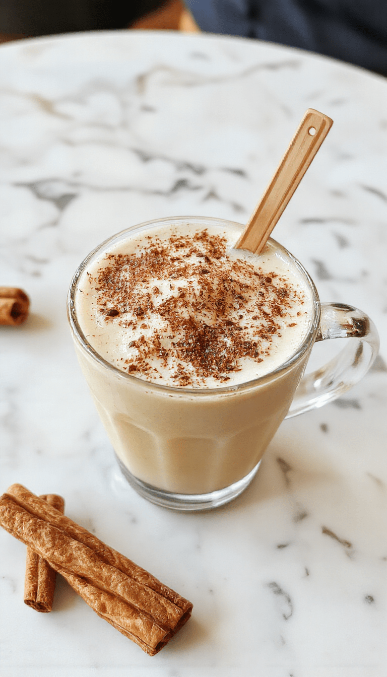 A close-up of a steaming vanilla cinnamon latte in a clear glass mug, topped with whipped cream and a cinnamon stick, with a sprinkle of cinnamon and vanilla bean pods on a rustic wooden table, warm lighting accentuates the creamy texture and inviting aroma.
