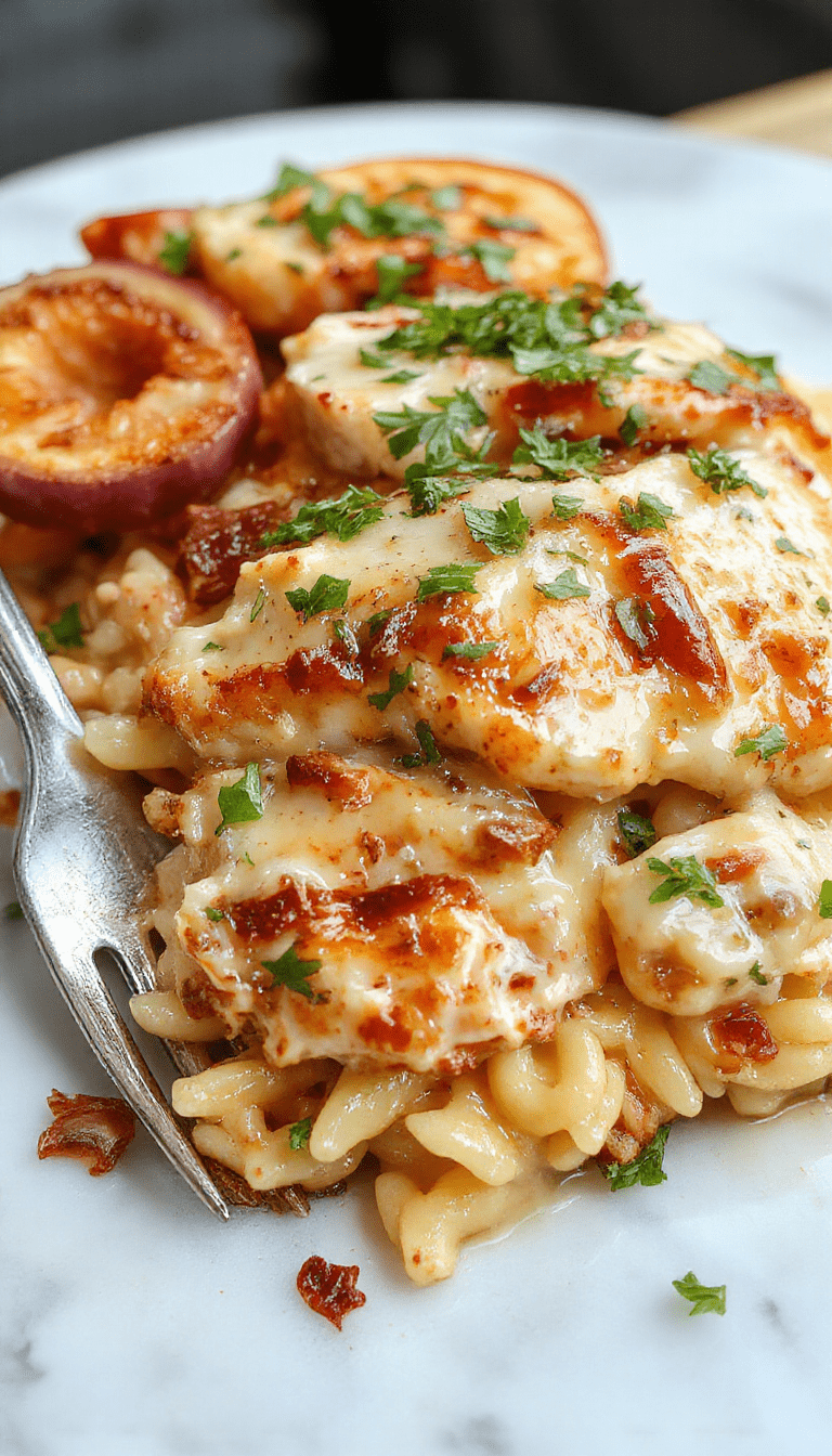 A vibrant, close-up image of a baked chicken orzo casserole topped with melted golden cheese and caramelized onion slices, garnished with fresh herbs, served in a rustic white dish on a wooden table, showcasing textures of tender chicken, soft orzo, and crispy melted cheese.