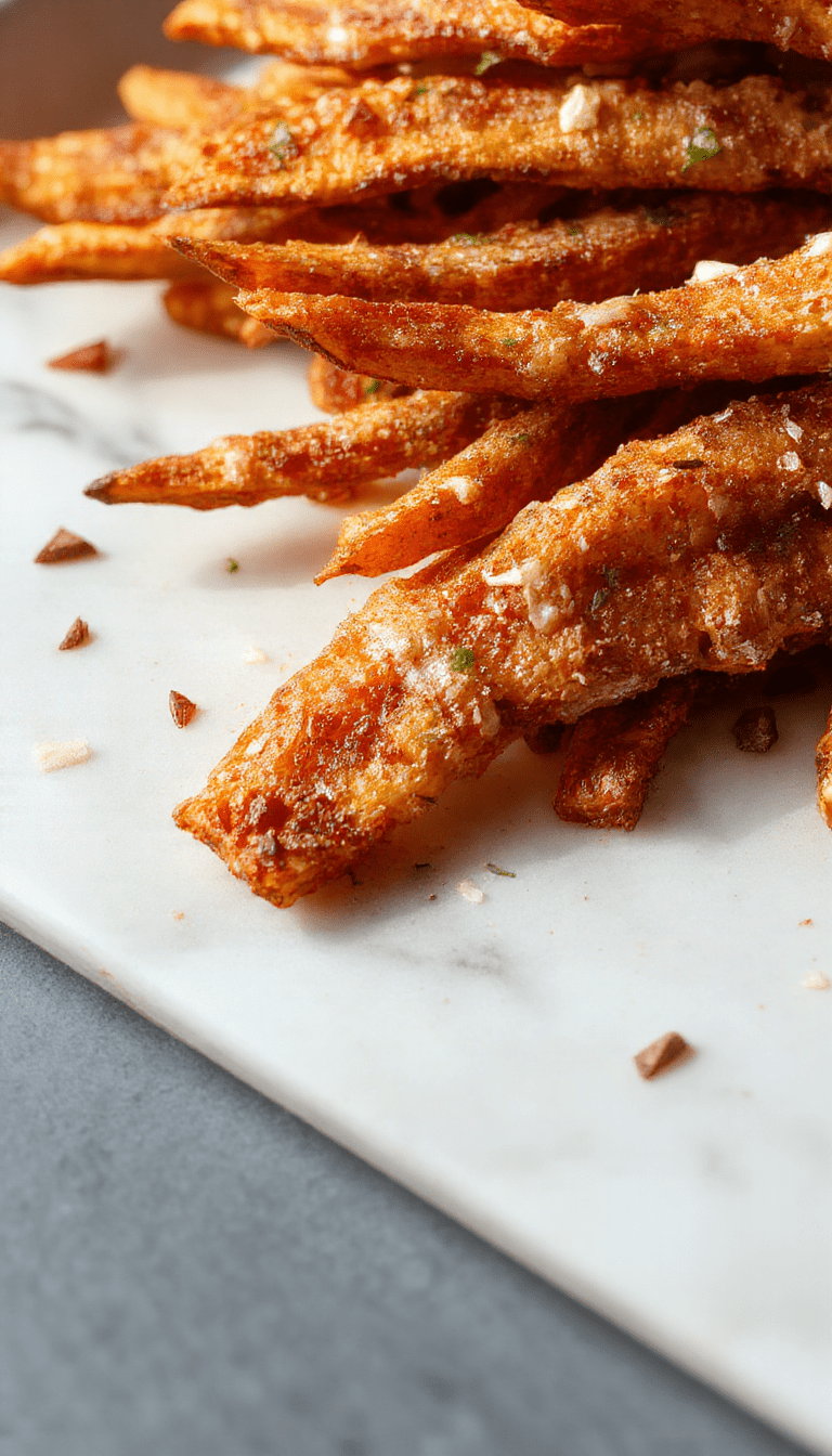 Colorful plate of crispy golden sweet potato fries stacked neatly, garnished with fresh herbs on a rustic wooden table, showcasing a crunchy texture and vibrant orange hue with hints of seasoning.