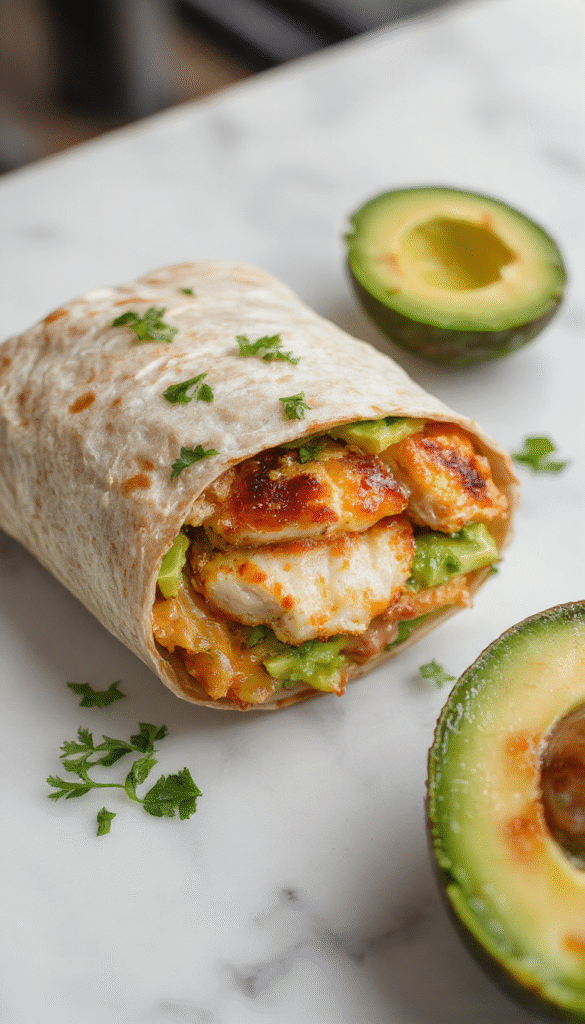 Colorful chicken avocado wrap sliced in half, revealing fresh green avocado, tender grilled chicken, and crisp vegetables wrapped in a lightly toasted tortilla, styled on a rustic wooden platter with a side of salsa and fresh herbs.