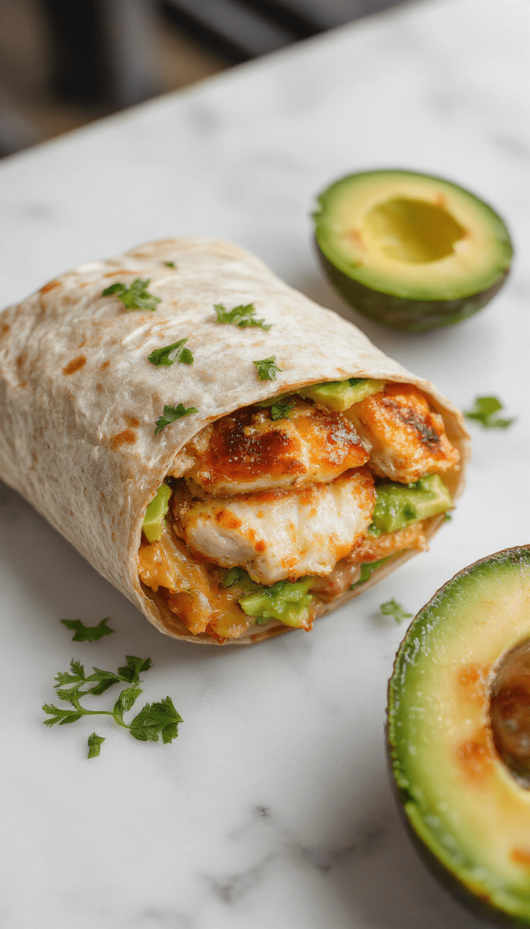 Colorful chicken avocado wrap sliced in half, revealing fresh green avocado, tender grilled chicken, and crisp vegetables wrapped in a lightly toasted tortilla, styled on a rustic wooden platter with a side of salsa and fresh herbs.