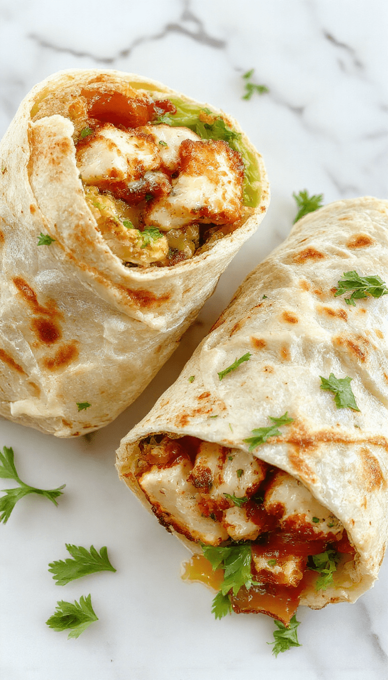 A colorful chicken Caesar wrap sliced open on a white plate, revealing tender grilled chicken pieces, crispy romaine lettuce, shaved Parmesan cheese, and creamy Caesar dressing wrapped in a toasted tortilla. The wrap is garnished with extra lettuce and Parmesan shavings, styled with fresh herbs and a side of cherry tomatoes, creating an appetizing and fresh presentation.