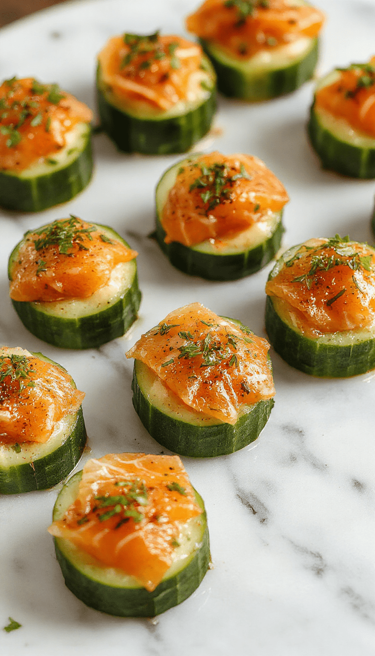Colorful cucumber slices topped with smoked salmon, dill, and cream cheese arranged neatly on a white plate, garnished with lemon wedges and fresh herbs, showcasing a vibrant and elegant presentation with crisp textures and creamy accents.