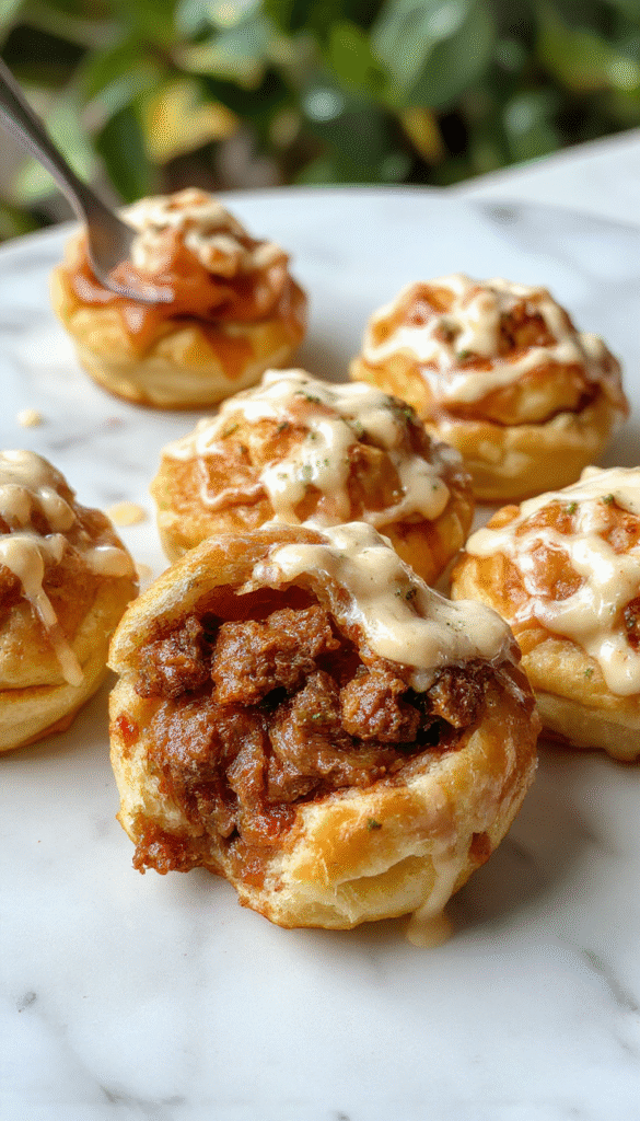 Golden brown pastry puffs filled with tender pulled beef, presented on a rustic wooden platter with garnished herbs, showcasing flaky textures and juicy filling, styled with a sprinkle of herbs and slices of beef for a tempting look.