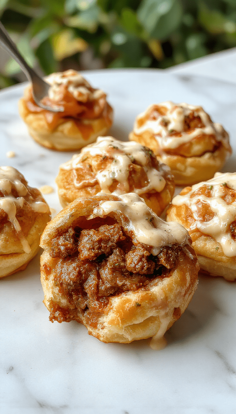 Golden brown pastry puffs filled with tender pulled beef, presented on a rustic wooden platter with garnished herbs, showcasing flaky textures and juicy filling, styled with a sprinkle of herbs and slices of beef for a tempting look.
