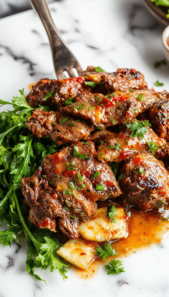A vibrant plate of pepper steak showcasing tender beef strips cooked with colorful bell peppers and onions, all glazed with a savory sauce, served on a white ceramic plate with steam rising, garnished with fresh herbs, styled on a rustic wooden table with natural lighting highlighting the glossy textures and rich colors.