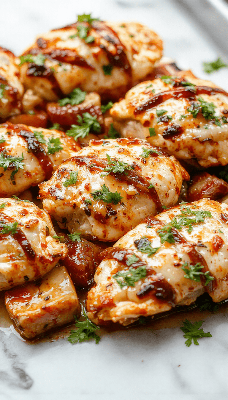Colorful chicken fajitas served on a rustic white plate with vibrant red and green bell peppers, sliced onions, and seasoned chicken strips. The dish is garnished with fresh cilantro, and a side of warm tortillas is visible. The presentation emphasizes the juicy, tender chicken and crispy vegetables with a glossy sheen and a sprinkle of Mexican spices.