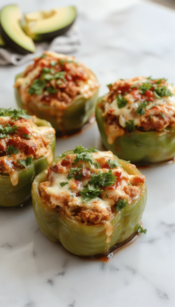 Colorful bell peppers filled with seasoned ground meat, melted cheese, and fresh herbs, arranged on a rustic wooden plate with a side of salsa, vibrant reds, and greens, showcasing a blend of textures and flavors.