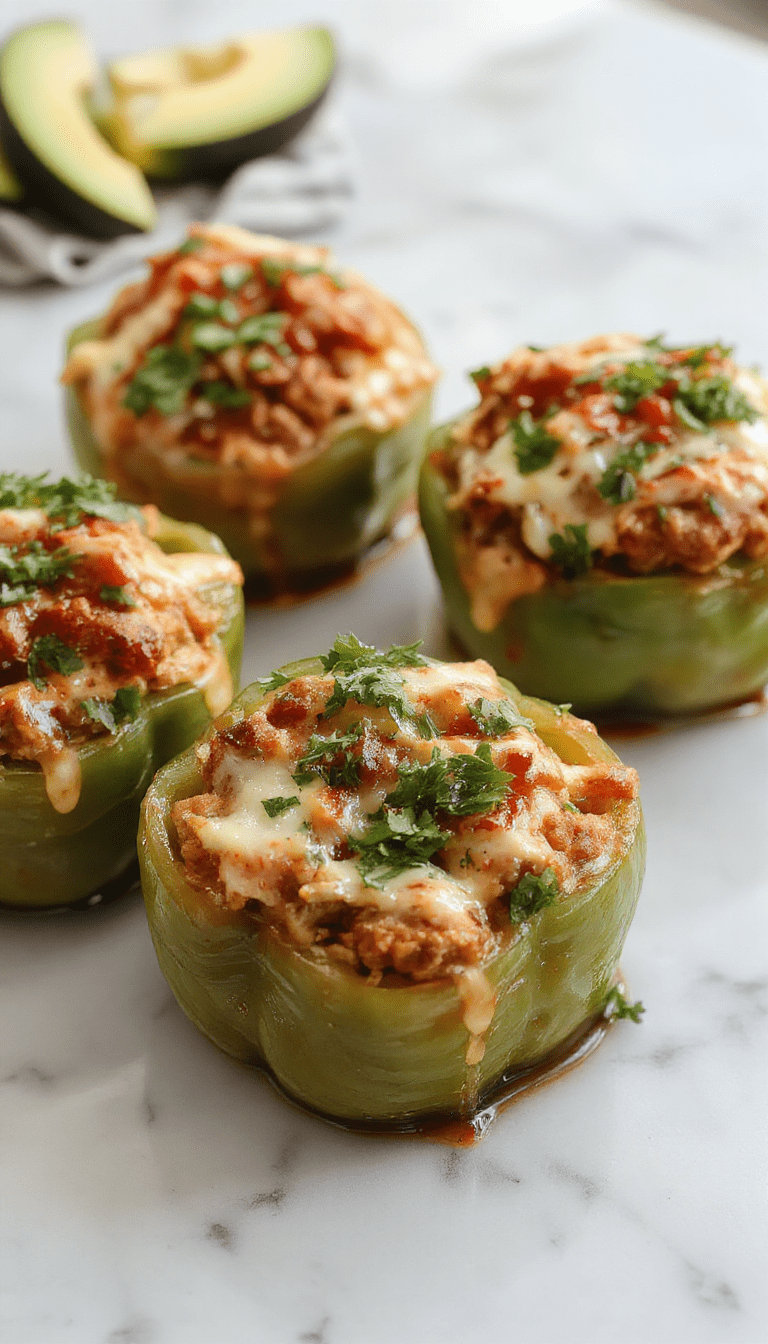 Colorful bell peppers filled with seasoned ground meat, melted cheese, and fresh herbs, arranged on a rustic wooden plate with a side of salsa, vibrant reds, and greens, showcasing a blend of textures and flavors.