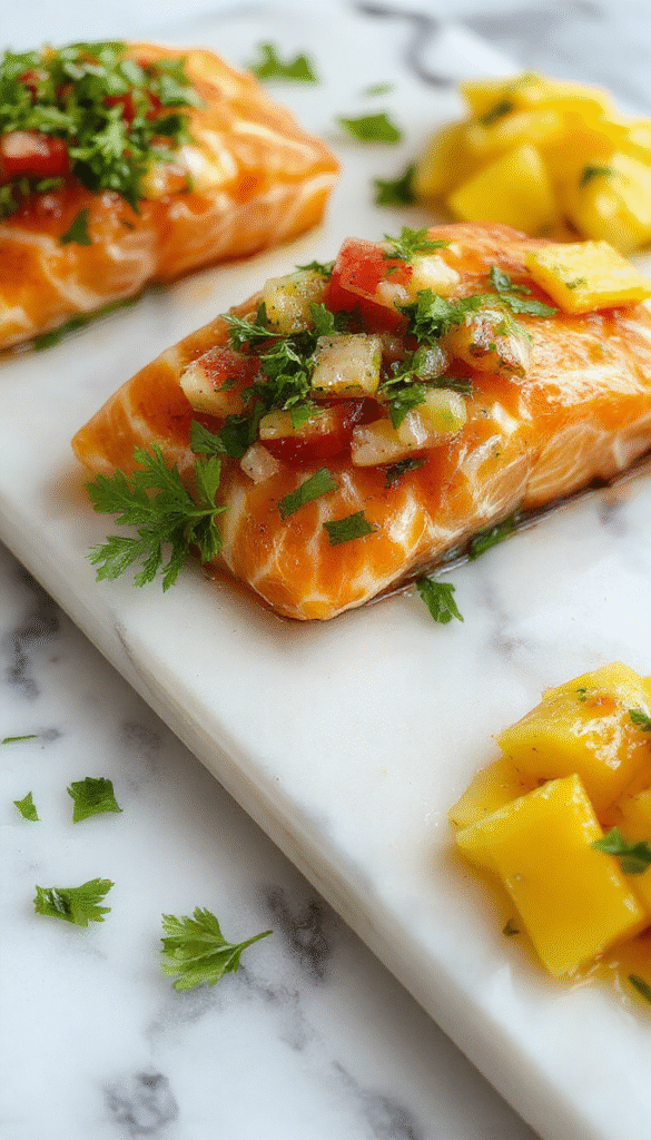 A vibrant plate featuring grilled salmon topped with a colorful fresh mango salsa. The salmon has a golden-brown crispy skin, garnished with herbs, and the salsa showcases bright yellow mango chunks, diced red peppers, red onions, and cilantro. The dish is served on a white plate with a sprig of cilantro for garnish, set against a rustic wooden table with fresh ingredients around.