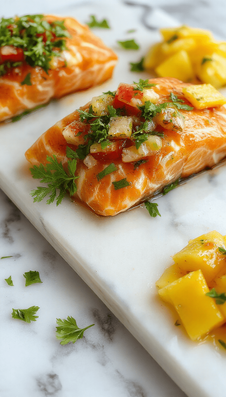A vibrant plate featuring grilled salmon topped with a colorful fresh mango salsa. The salmon has a golden-brown crispy skin, garnished with herbs, and the salsa showcases bright yellow mango chunks, diced red peppers, red onions, and cilantro. The dish is served on a white plate with a sprig of cilantro for garnish, set against a rustic wooden table with fresh ingredients around.