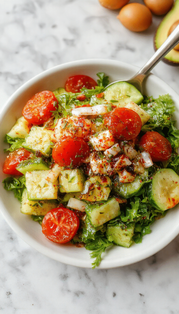 A vibrant Mediterranean salad arranged on a white plate featuring crisp cucumber slices, juicy cherry tomatoes, thinly sliced red onions, Kalamata olives, and crumbled feta cheese, garnished with fresh parsley and drizzled with olive oil and lemon juice. The colorful ingredients contrast beautifully against the white background, showcasing a fresh, healthy, and appetizing dish with a rustic yet elegant presentation.