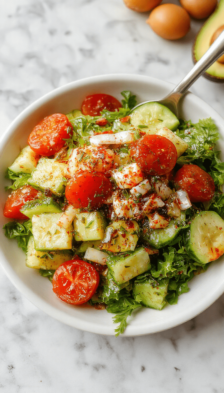 A vibrant Mediterranean salad arranged on a white plate featuring crisp cucumber slices, juicy cherry tomatoes, thinly sliced red onions, Kalamata olives, and crumbled feta cheese, garnished with fresh parsley and drizzled with olive oil and lemon juice. The colorful ingredients contrast beautifully against the white background, showcasing a fresh, healthy, and appetizing dish with a rustic yet elegant presentation.