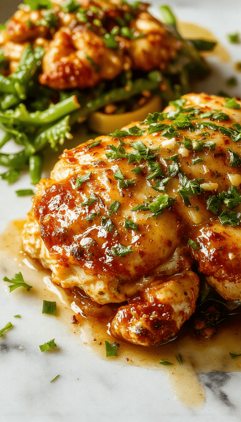 A close-up of a sizzling skillet featuring juicy pieces of chicken coated in a golden garlic butter sauce, garnished with fresh parsley, served on a rustic wooden table with vibrant herbs scattered around, showcasing a glossy texture and aromatics.