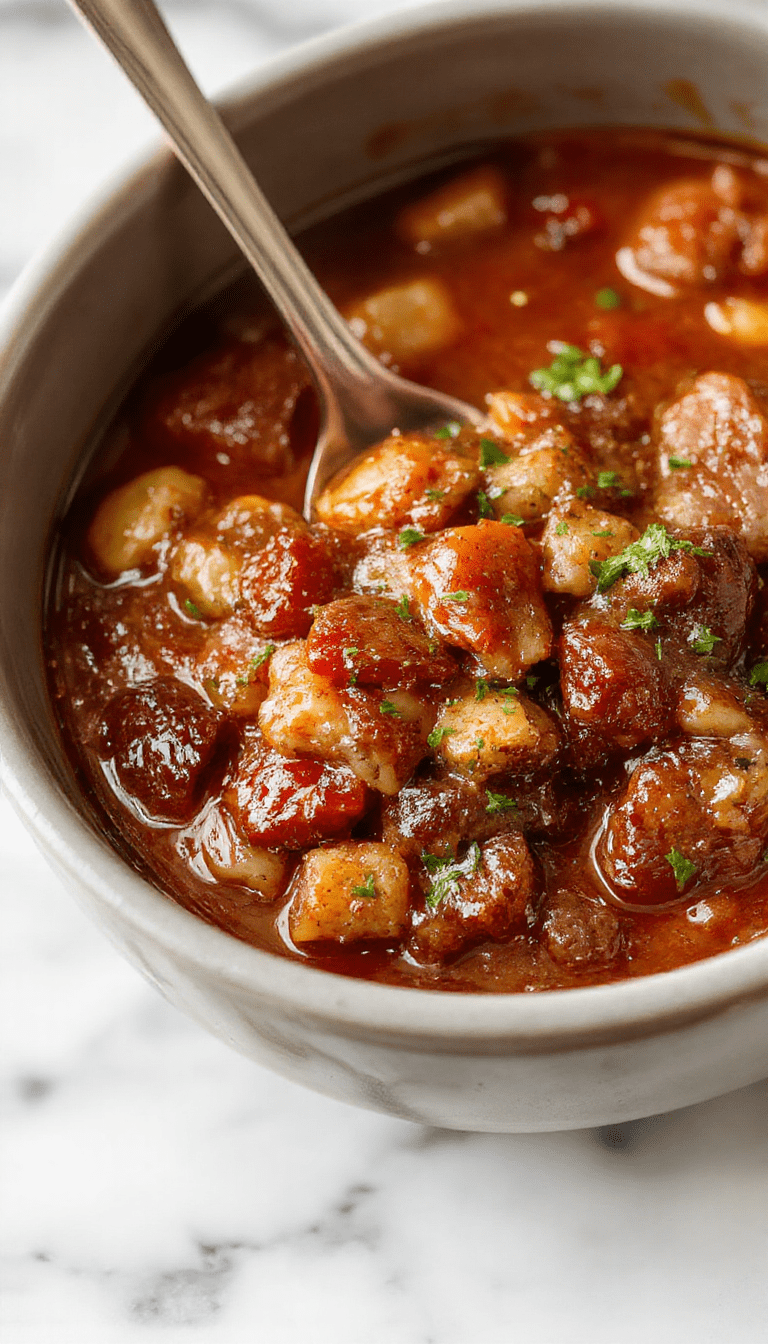 A steaming bowl of hearty poor man's stew in a rustic ceramic bowl, filled with tender beef, potatoes, carrots, and onions in a rich broth. The dish is garnished with chopped parsley and served on a wooden table with a fork, showcasing a warm and savory meal perfect for cozy evenings.