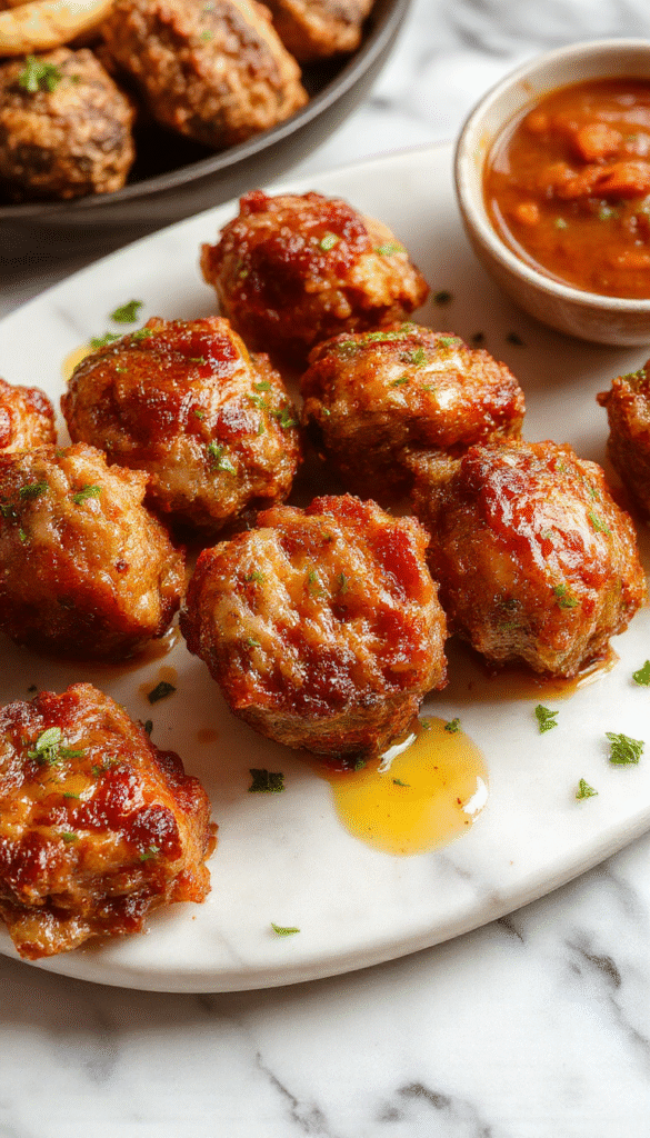 Colorful plated beef bites featuring tender, browned beef chunks coated with a glossy garlic butter sauce. The dish is garnished with fresh herbs, served on a rustic plate with a side of vegetables, showcasing juicy, crispy textures and an inviting aroma.