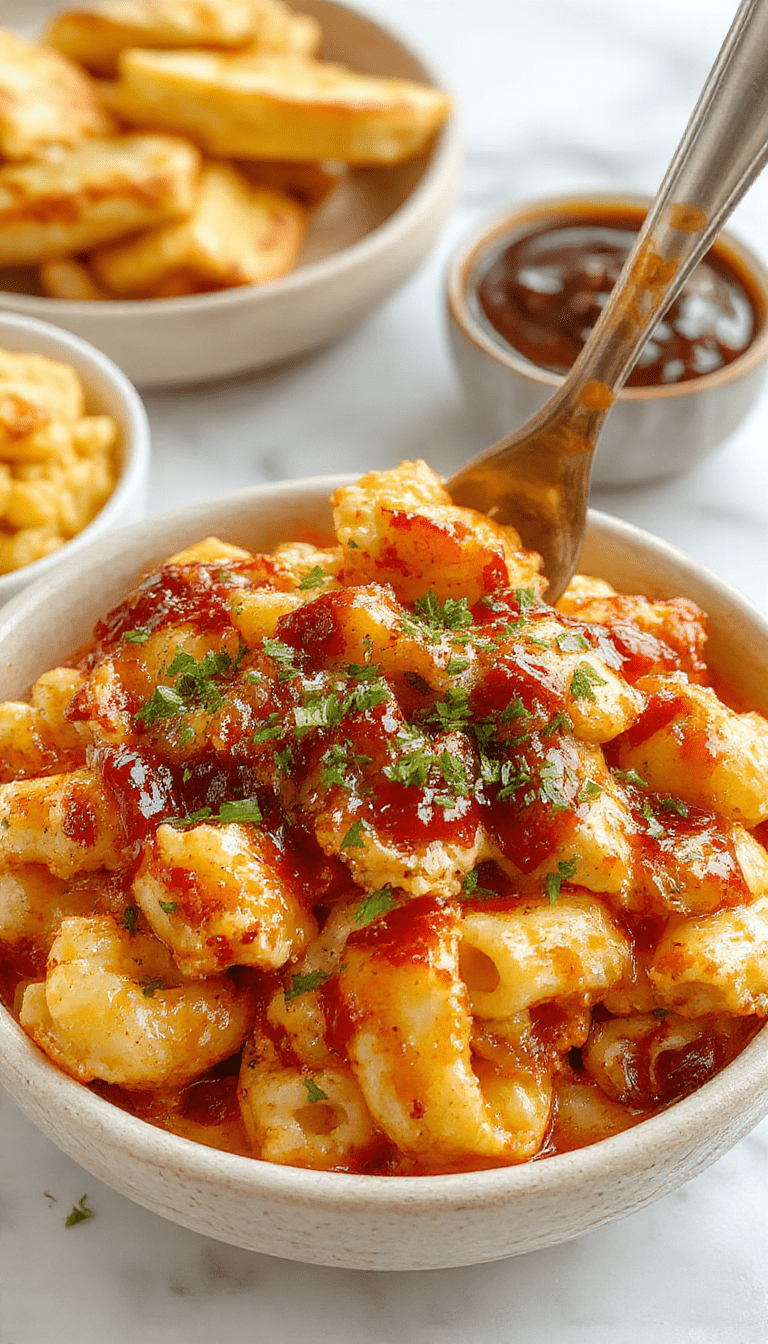 A close-up of a creamy, cheesy macaroni and cheese dish topped with tender grilled chicken pieces, drizzled with glossy honey BBQ sauce, and garnished with fresh herbs in a rustic bowl with a golden-brown crust