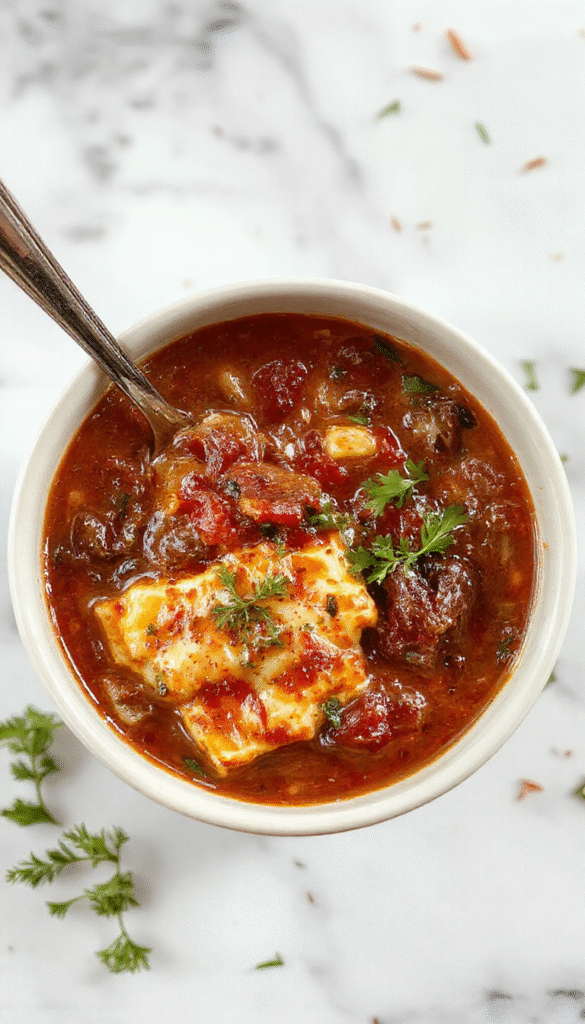 A steaming bowl of High Protein Lasagna Soup featuring layers of melted cheese, ground meat, and pasta immersed in a rich tomato broth, garnished with fresh basil and grated parmesan, with a rustic wooden spoon resting beside the bowl, vibrant red and green colors contrasted by the creamy cheese toppings.
