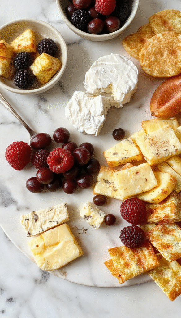 Colorful cheese board arranged with sliced cheddar and mozzarella cheeses, fresh strawberries, grapes, apple slices, and assorted crackers on a bright wooden platter, styled for a family-friendly summer snack