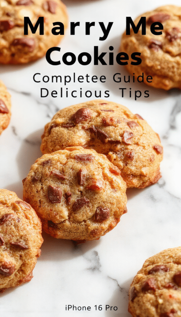 A close-up of freshly baked marry me cookies on a rustic wooden tray, golden-brown and topped with colorful sprinkles. The cookies are arranged in a charming pile, showcasing their soft and chewy texture with a hint of gooey center, surrounded by a light dusting of powdered sugar and a background of baking tools and ingredients.