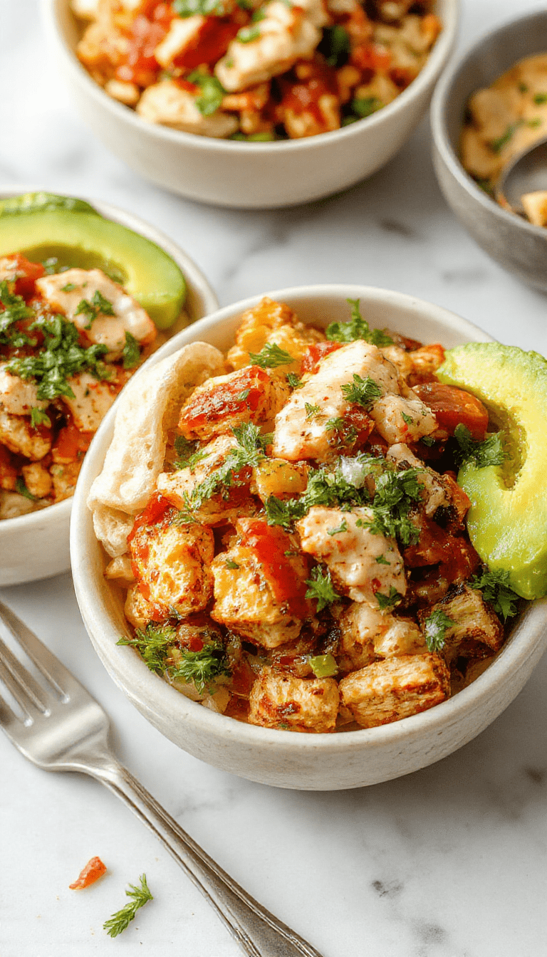 Colorful Southwest Chicken Burrito Bowl featuring grilled chicken, vibrant bell peppers, black beans, corn, fresh cilantro, and a drizzle of creamy sauce on a rustic wooden plate, styled with lime wedges and a side of fresh avocado slices.