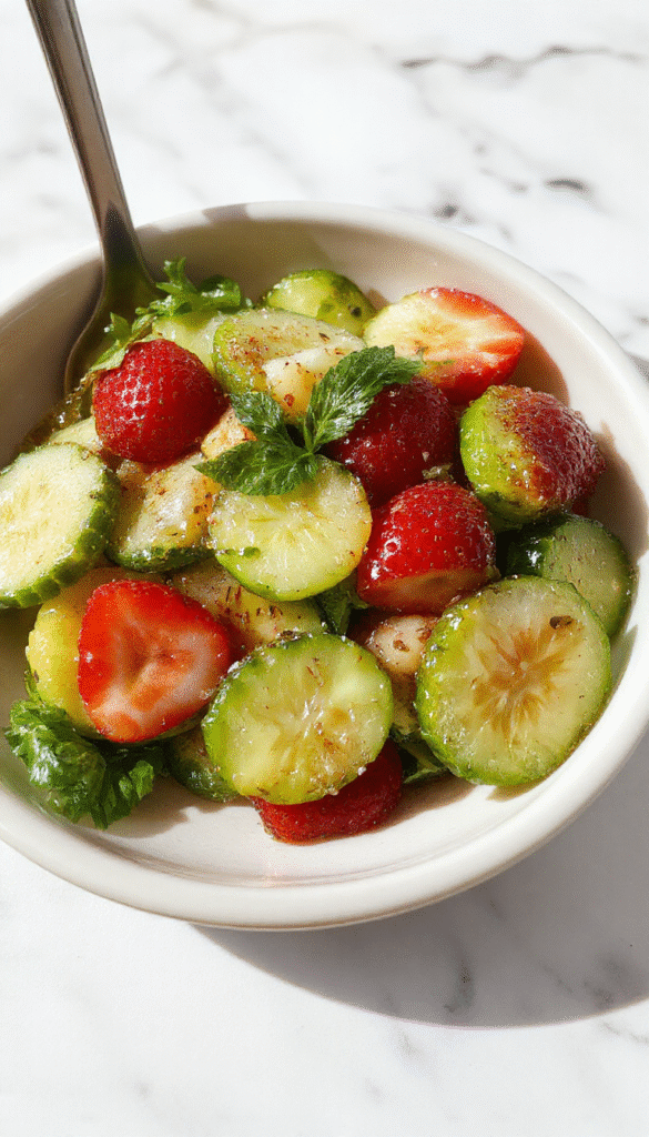 A vibrant plate of cucumber strawberry salad featuring bright green cucumber slices and vivid red strawberries beautifully arranged on a white ceramic dish. The salad is garnished with fresh mint leaves, showcasing juicy strawberries and crisp cucumber slices with a glossy dressing, styled with a light drizzle and scattered herbs, set against a rustic wooden background with sunlight highlighting the fresh ingredients.