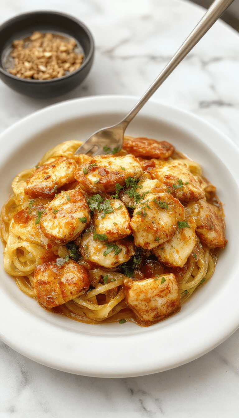 A vibrant plate of sticky garlic chicken noodles featuring tender strips of chicken coated in a glossy garlic sauce, garnished with chopped green onions and sesame seeds. The noodles are perfectly stir-fried with colorful vegetables, all served on a sleek white plate on a rustic wooden table, creating an inviting and flavorful dish.
