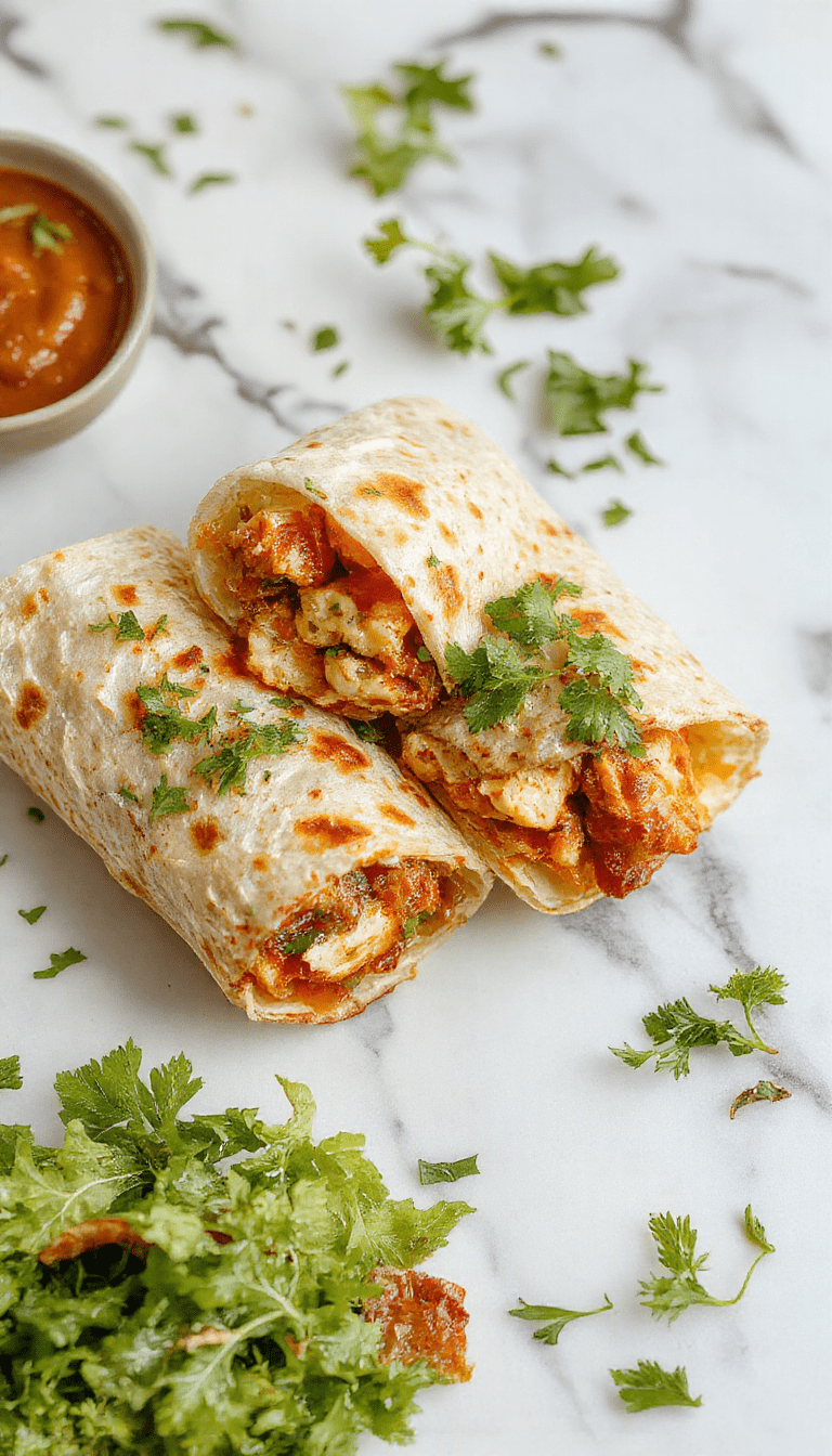 Colorful plates featuring golden-brown chicken slices coated in vibrant red sweet chili sauce, nestled in soft flour tortillas with crispy vegetables and fresh herbs displayed on a rustic wooden table.