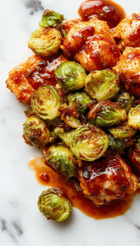 A vibrant plate showcases crispy golden sweet chili chicken slices topped with glossy sweet chili sauce, paired with roasted Brussels sprouts garnished with sesame seeds. The dish is styled on a rustic wooden table with fresh herbs and a side of lime wedges, highlighting textures and colors with a tempting savory and spicy appeal.