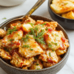 A colorful bowl of sweet Hawaiian crockpot chicken featuring tender shredded chicken coated in a glossy, caramelized sauce with hints of pineapple and red bell peppers. The dish is beautifully plated on a rustic wooden table, garnished with fresh cilantro and sliced green onions. The vibrant orange and yellow hues of the sauce contrast with the colorful ingredients, highlighting the rich textures and appealing presentation.