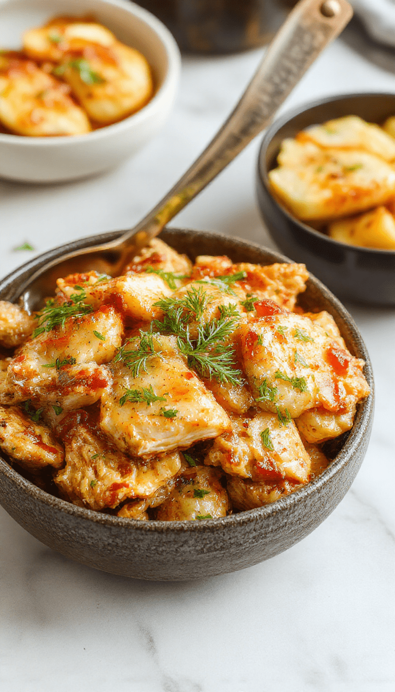 A colorful bowl of sweet Hawaiian crockpot chicken featuring tender shredded chicken coated in a glossy, caramelized sauce with hints of pineapple and red bell peppers. The dish is beautifully plated on a rustic wooden table, garnished with fresh cilantro and sliced green onions. The vibrant orange and yellow hues of the sauce contrast with the colorful ingredients, highlighting the rich textures and appealing presentation.