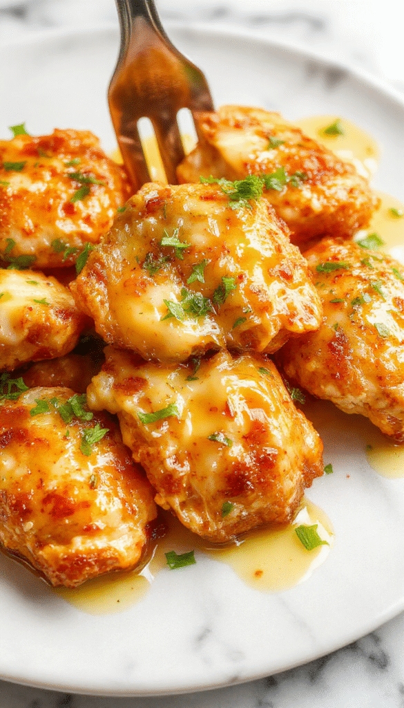 A vibrant plate featuring golden-brown honey butter chicken pieces glazed with honey and topped with fresh herbs. The chicken rests atop a bed of steamed vegetables and is garnished with a drizzle of honey and a sprinkle of parsley. The dish is styled on a rustic wooden table with a side of buttery mashed potatoes, highlighting its glossy sauce, crispy coating, and appealing textures.