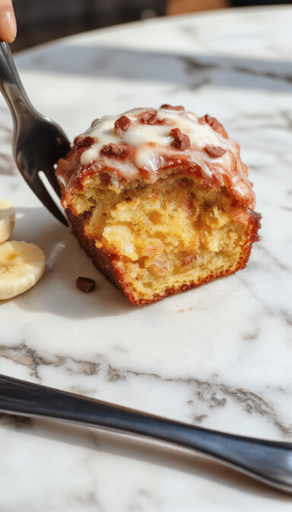 A visually appealing slice of golden brown banana bread on a rustic wooden plate. The bread's surface is slightly cracked, revealing a moist interior filled with ripe banana chunks and a hint of cinnamon. The plate is garnished with fresh banana slices and a sprig of mint, with a cozy kitchen background and warm lighting enhancing the inviting atmosphere.