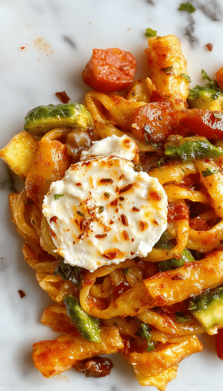 A colorful plate of veggie pasta topped with golden-brown baked feta cheese, vibrant cherry tomatoes, fresh basil leaves, and drizzled with olive oil, all arranged elegantly on a white rustic plate with a sprinkle of herbs, set against a wooden table background.