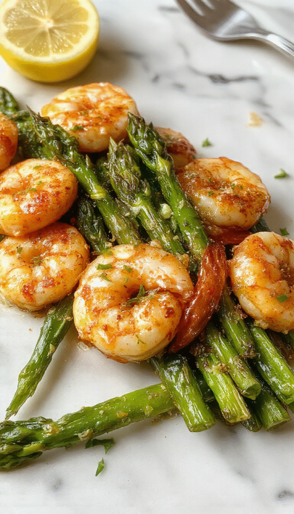 A vibrant plate featuring succulent lemon garlic shrimp nestled alongside tender bright green asparagus spears, garnished with fresh lemon slices and chopped herbs, on a rustic white ceramic plate with a textured wooden background, showcasing a glossy glaze on the shrimp and the crisp texture of the asparagus.